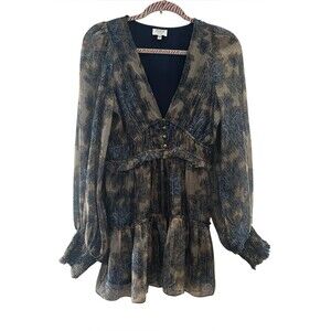 Hemant & Nandita Metallic Pleated Blouson V-Neck Floral Mini Dress Size S